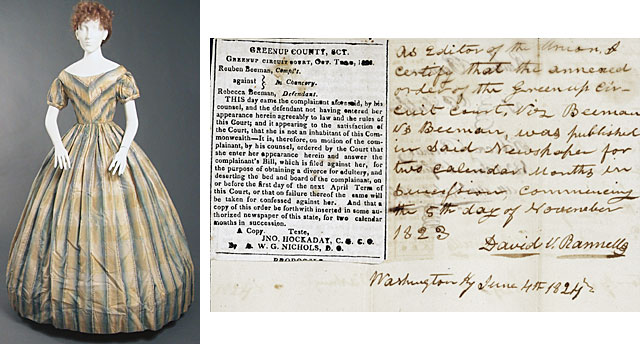 Striped silk wedding dress, 1839. Document from a divorce case, Greenup County, 1823.