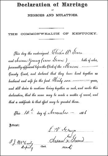 1866 Declaration of Marriage between Elisha and Susan Young Green.