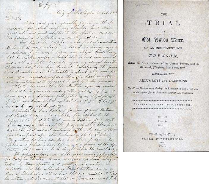 1808 Henry Clay letter and title page from Reports of the Trials of Colonel Aaron Burr.