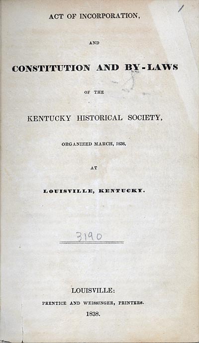 Title page of bylaws of the Kentucky Historical Society.