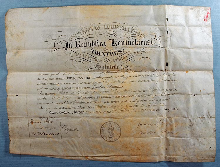 Confederate General Ben Hardin Helm's law diploma from the University of Louisville, 1855.