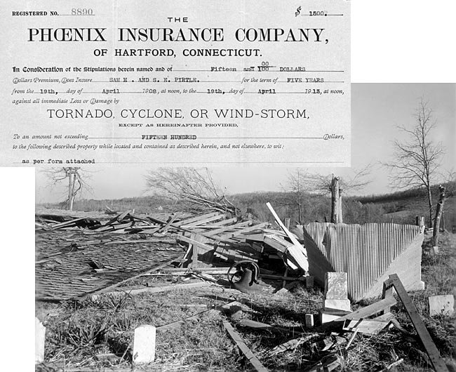 Detail from tornado insurance policy and photograph of tornado damage.