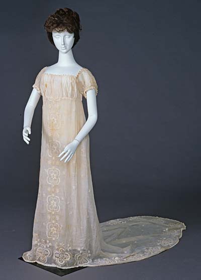 Wedding dress worn by Polly Peay at her wedding to Francis Taylor in 1807.