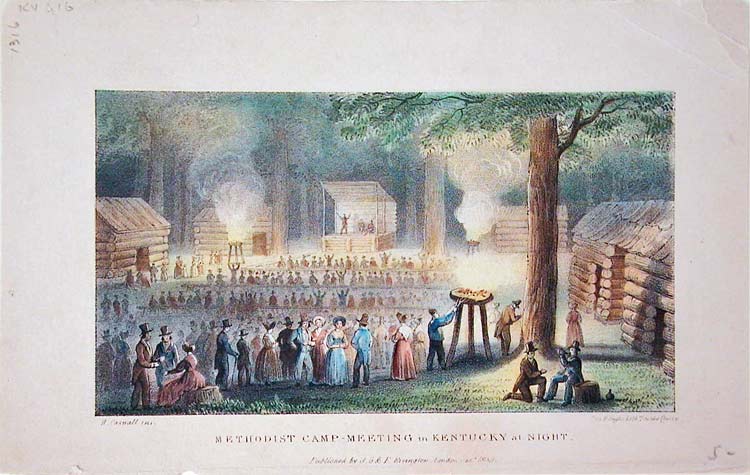 Illustration from the book Methodist Camp-Meeting in Kentucky at Night, 1839.