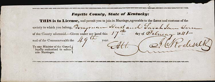 1841 marriage record of Berryman Hurt and Sarah True.