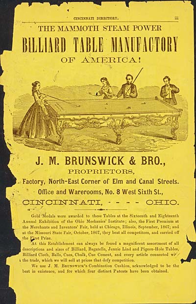 Advertisement for The Mammoth Steam Power Billiard Table Manufactory of America.