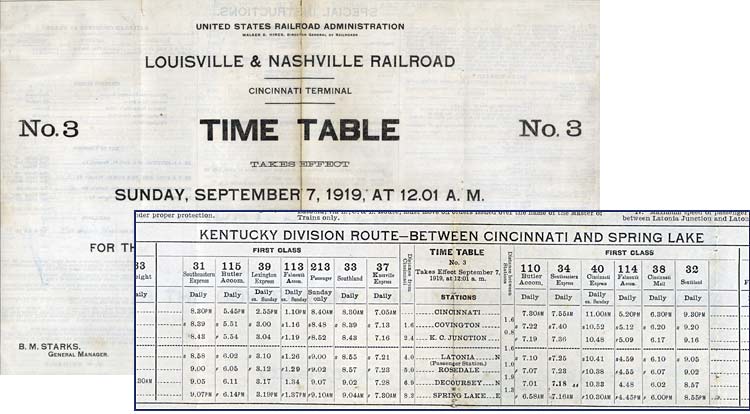 Louisville & Nashville Railroad timetable, 1919.