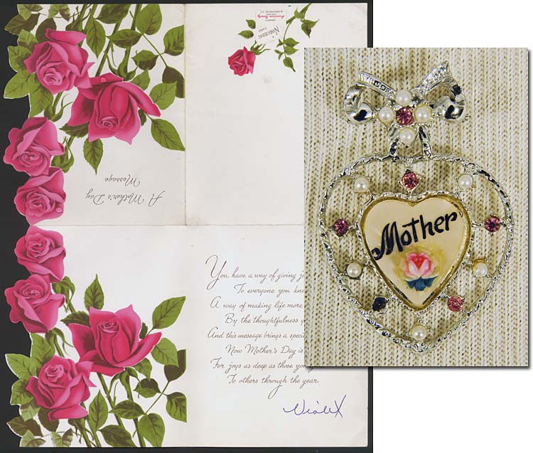 Mother's Day card and mother pin.